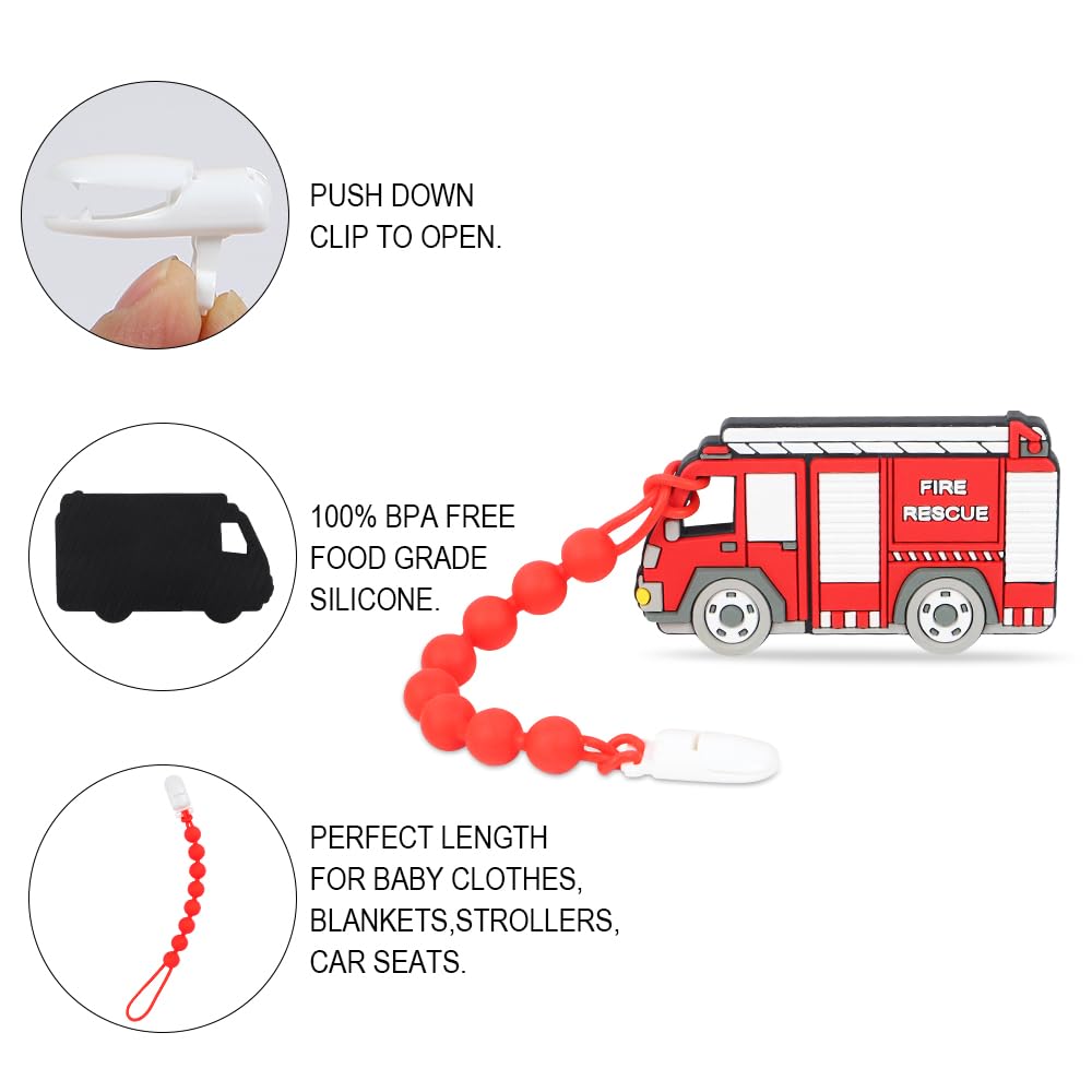 Fire Rescue Truck Teether, Baby Construction Vehicles Teething Toys, Food Grade Silicone Teether with One-Piece Pacifier Clip Holder, BPA Free, Freezer Safe, 3 Months+, Fire Rescue Truck color