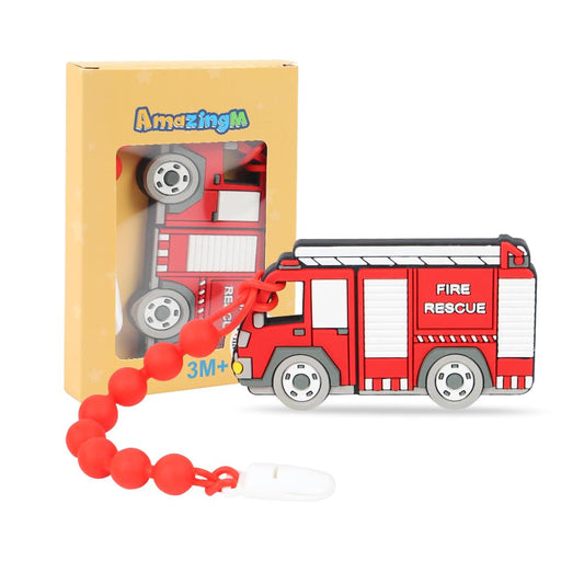 Baby Food Grade Silicone Carrier Vehicle Teether Toy with Pacifier Clip Holder,Teething Toys Gift Set for 3 Months+ Boys and Girls,Freezer Safe,BPA Free. (Fire Truck)