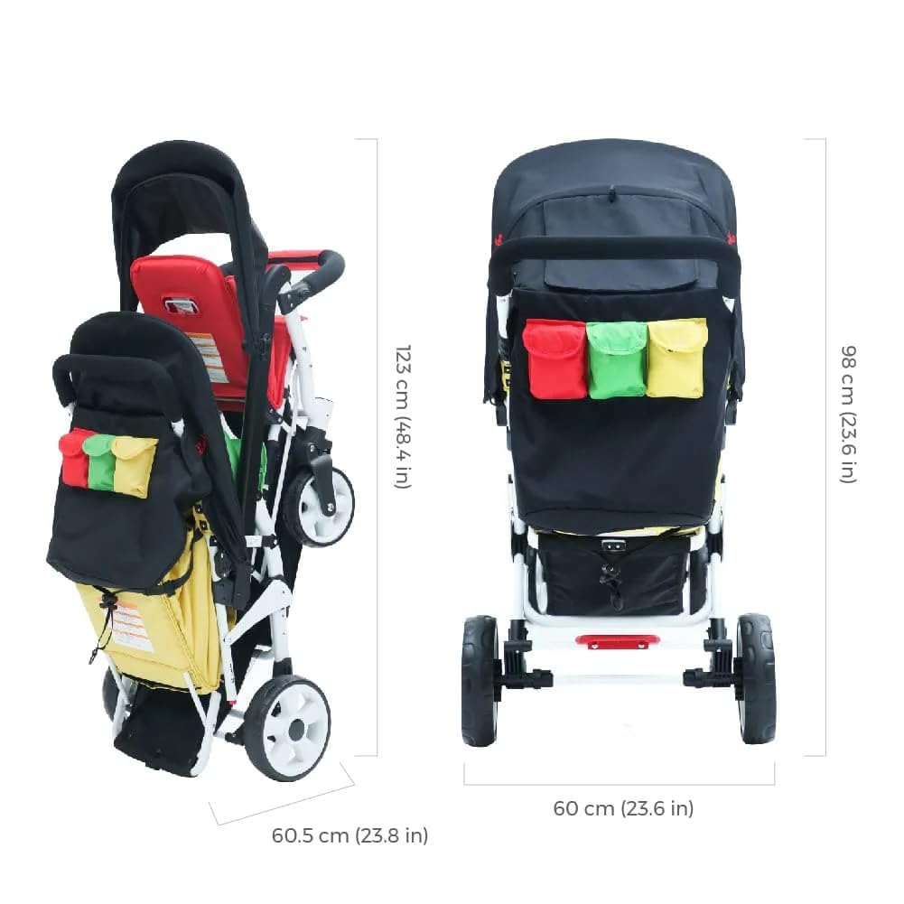 Familidoo H3E 3 Seat Baby Stroller - Tandem Daycare Triple Stroller with 5 Point Safety Harness - for Infants & Toddlers 0-3 Years - Lightweight & Foldable - All Reclining Seats