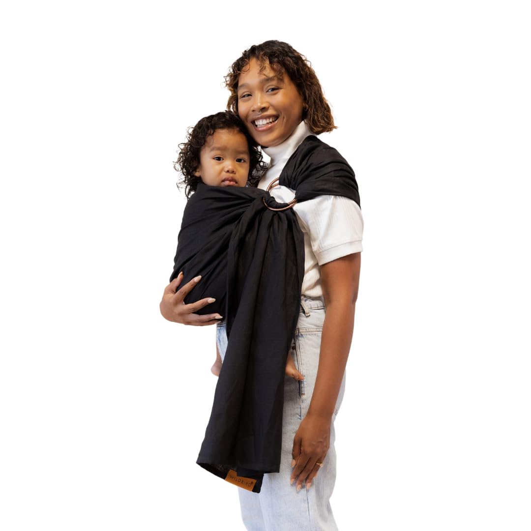WildBird - Ring Sling Baby Carrier - Newborn to Up to 35 lbs - for Moms, Dads & Caregivers - 100% Natural EuropeanLinen Fibers - Versatile & Adjustable - 74” Size - Raven Fabric & Black Ring