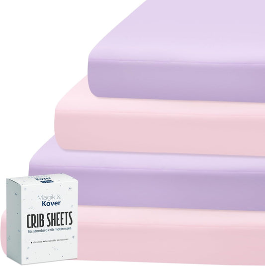 Magik & Kover Crib Sheets Girl 4 Pack, Baby Crib Sheet for Crib Mattress and Toddler Bed Mattress, Soft Breathable Fitted Kid Toddler Sheets Set for Girls, Pink & Violet