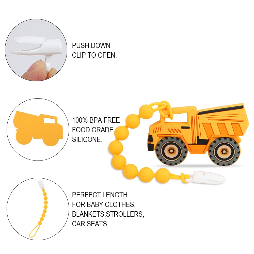 Baby Construction Vehicles Teething Toys,Food Grade Silicone Teether with One-Piece Pacifier Clip Holder,Shower Gift for 3 Months+ Boy and Girl,BPA Free,Freezer Safe. (Dump Truck)