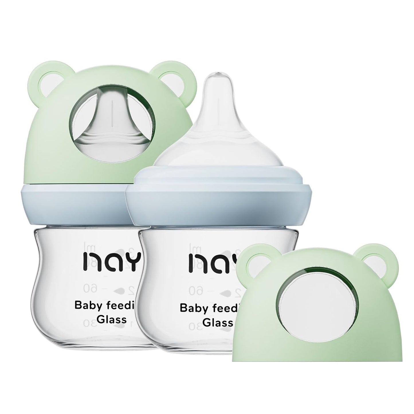 Natural Glass Baby Bottle for Breastfeeding Babies, 3oz Newborn Anti-Colic Baby Bottle with Slow Flow Nipples (SS), Clear, Wide Neck, 2 Pack, 0 Months+
