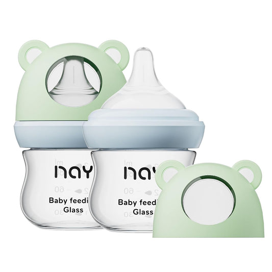 Natural Glass Baby Bottle for Breastfeeding Babies, 3oz Newborn Anti-Colic Baby Bottle with Slow Flow Nipples (SS), Clear, Wide Neck, 2 Pack, 0 Months+