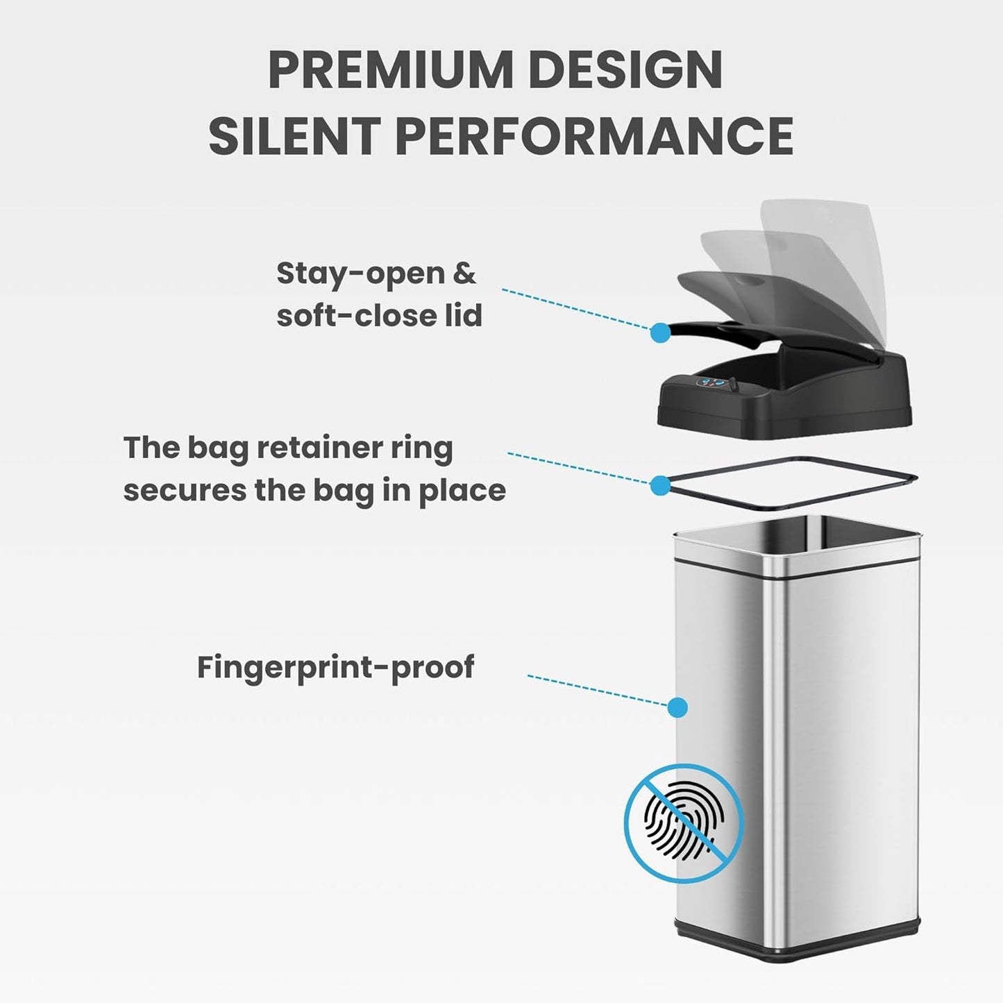 iTouchless 50 Liter / 13 Gallon Sensor Dog-Proof Kitchen Trash Can with Lid Lock and AbsorbX Odor Filter, Touchless Lid, Stainless Steel Garbage Recycling Bin for Kitchen, Home, Office, Business