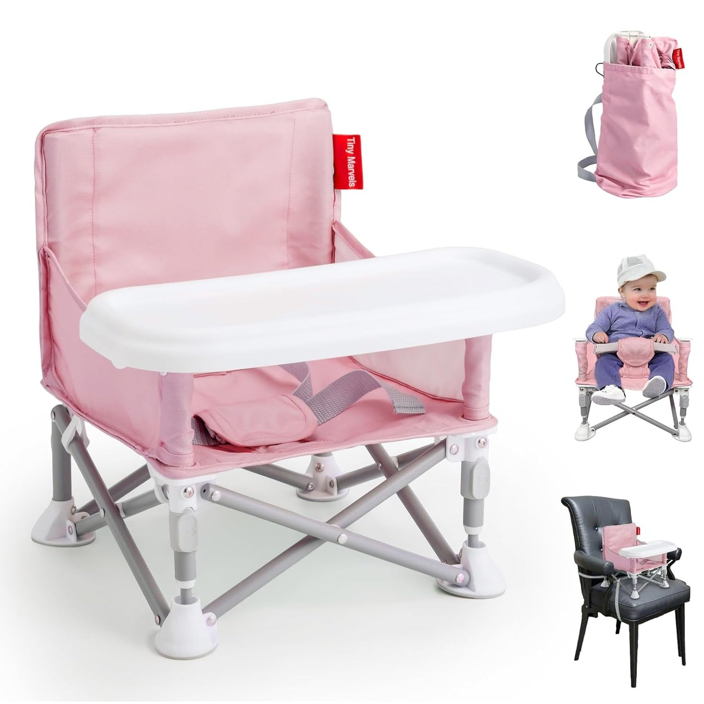 Tiny Marvels Portable 3-in-1 Baby Chair – Cozy Toddler Chair, Baby Seat with Tray, Booster Seat – Compact, Foldable, Safe with Child Safety Belt Carry Bag – Perfect for Travel & Family Time