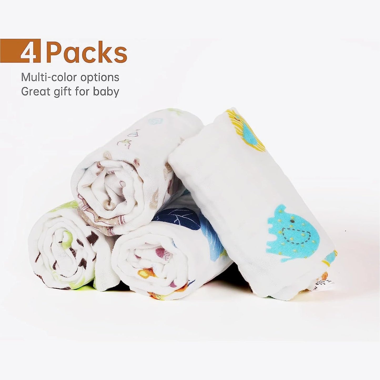 Viviland Baby Muslin Burp Cloths, 100% Cotton Super Absorbent Washcloths for Baby Girl and Boy, 10 x 20 inches 6-Layer Baby Bath Towels, Elephant & Whale Pattern 4 Pack