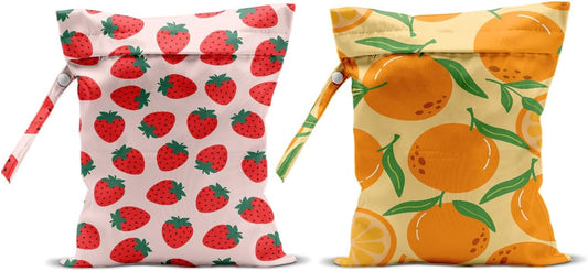 2Pcs Summer Fruits Wet Bags 12x10 Inch, Strawberry Orange Waterproof Travel Laundry Bags, Reusable Wet Dry Bag for Swimsuit Beach Diapers Dirty Yoga Gym Clothes, Travel Gifts for Women Friend