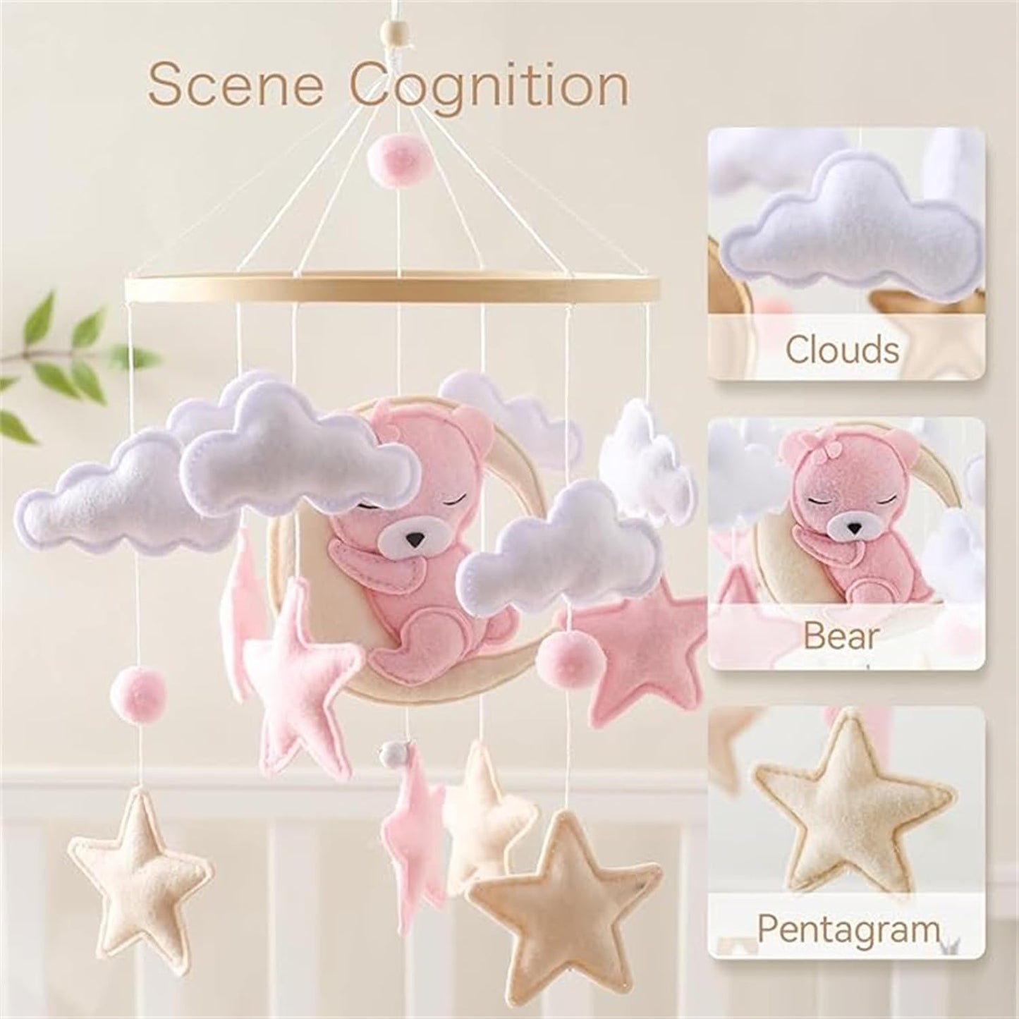 Baby Crib Mobile - Pink Bear Mobile for Crib, Felt Cloud Nursery for Boys and Girls - for Infant Bedroom Hanging Decoration