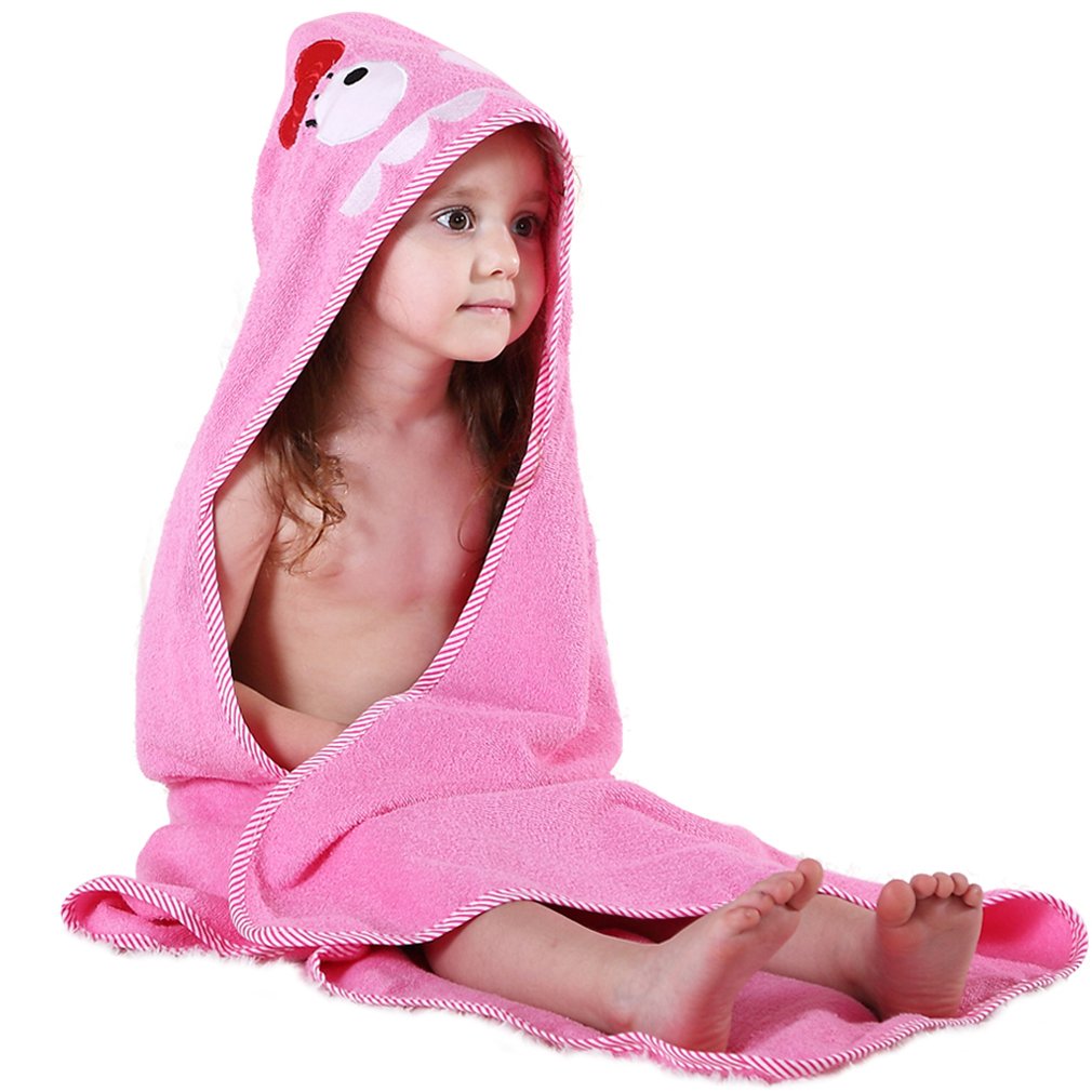 MICHLEY Animal Face Hooded Baby Towel Cotton Bathrobe for Boys Girls 0-6 Year Pink