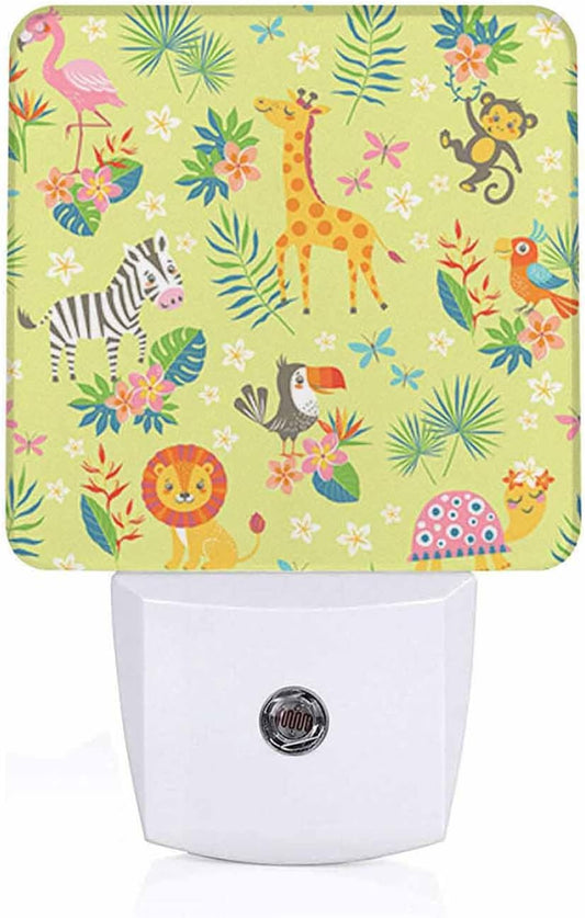 LED Night Light,Cute Cartoon Tropical Animals On Green LED Night Light Plug into Wall with Dusk to Dawn Light Sensor White Energy Efficient Nightlight for Bedroom Bathroom Hallway Living Room Kitchen