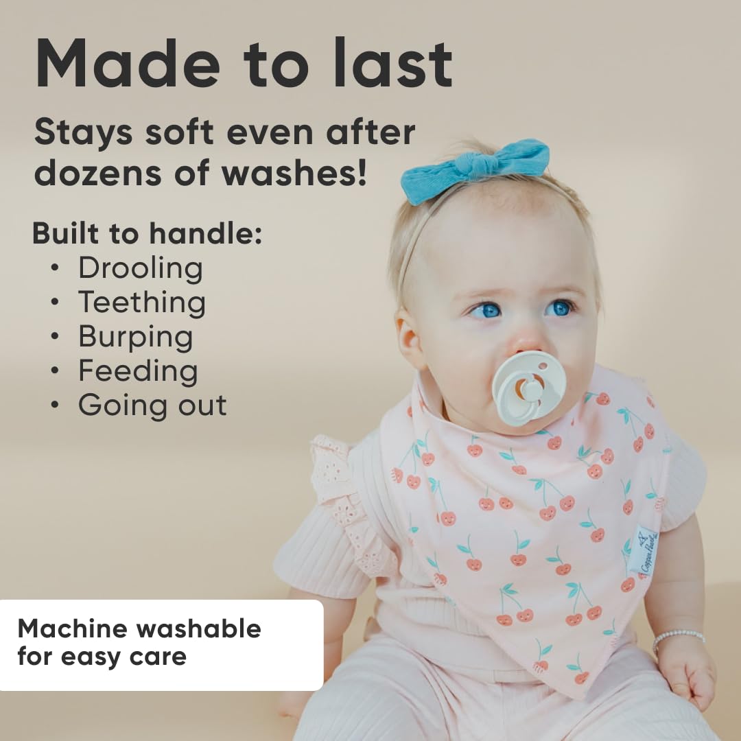 Copper Pearl 4 Pack Soft Cotton Baby Bibs for Drooling and Teething, Absorbent Drool Bibs for Baby Girl and Boy, Adjustable to Fit Newborns to Toddlers, Tons of Styles (Cheery)