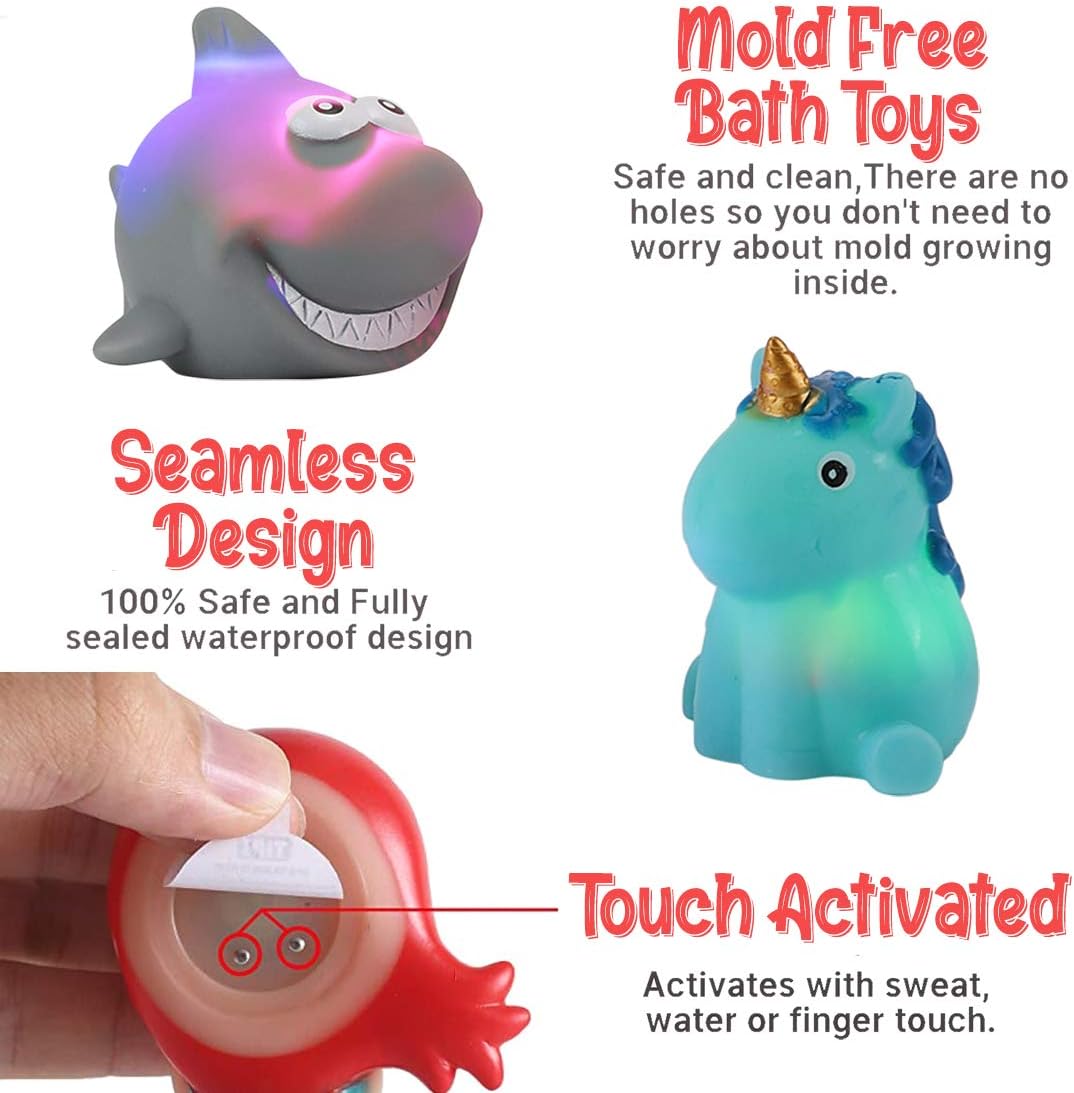 12 PCS Light Up Bath Toys with Duck Mesh Tub Storage Organizer, Toddler Flashing Color Changing LED Bathtub Mermaid Toy in Water for Kids