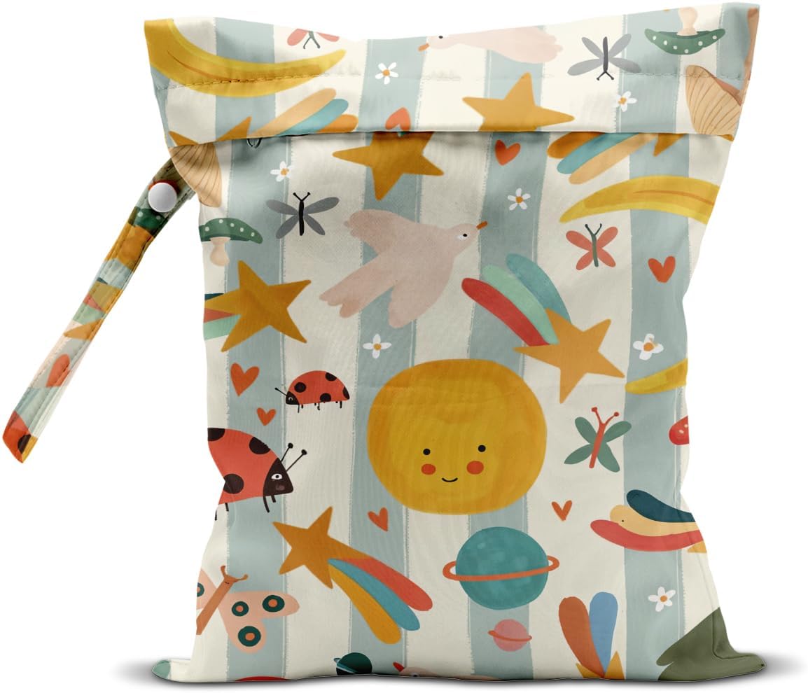 Wet Bag for Baby Swimsuit Dirty Clothes Diaper Yoga Gym, Wet Dry Bag, Beach Vacation Essential for Baby Travel Poor Swiming Bathing Toddler Items (Sun and Star)