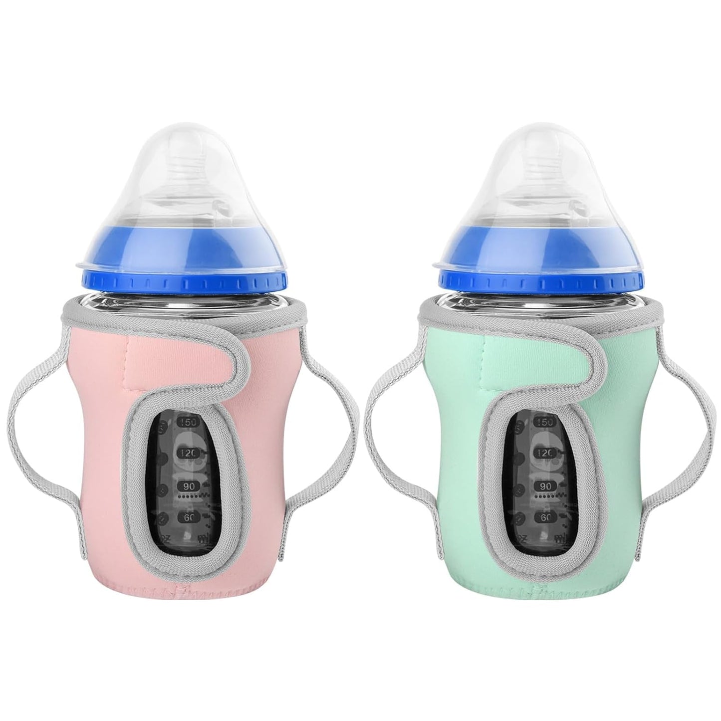 Beautyflier Glass Baby Bottle Sleeve Covers for 9oz Nature Baby Bottles with Dual Handle, 3.8mm Thicken Heat and Cold Retention Baby Bottle Sleeve (Pink+Green)