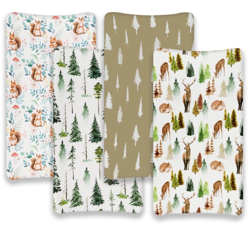 4 Pack Changing Pad Covers Woodland Forest Animals Wood Neutral Unisex Fitted Baby Changing Pad Cover Set for Baby Boys or Girls (Cartoon Fox)