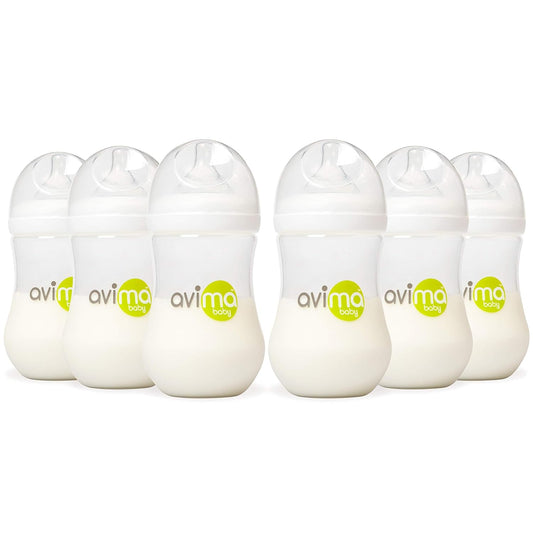 Avima Baby 9 oz Anti Colic Baby Bottles for Breastfed Babies - Medium Flow Nipples, Wide Neck Bottles, BPA Free - 3-6 Months, Stage 2 (Set of 6)