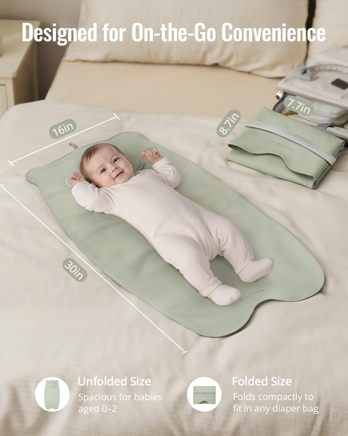 Blissful Diary Vegan Leather Portable Changing Pad, Wipeable, Waterproof Diaper Changing Mat, Newborn Shower Gifts, with Built-in Padding, Light Green