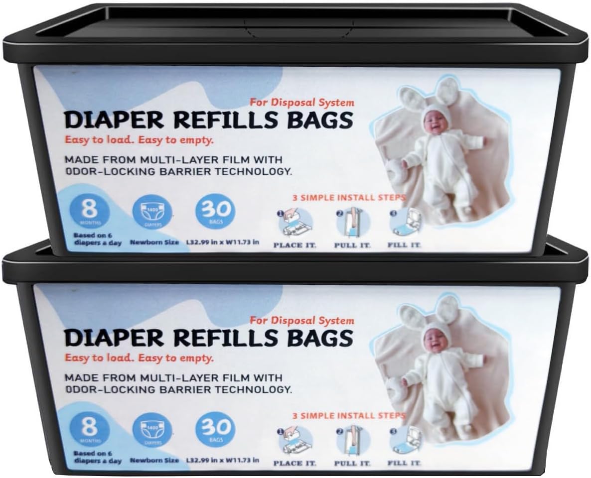 Diaper Pail Refills Bags with 30 Bags, Compatible with Genie Easy Roll Signature Diaper Pail and Platinum Diaper Pail, 7-Layer Odor-Barrier Technology, 2 Pack (60 Bag)