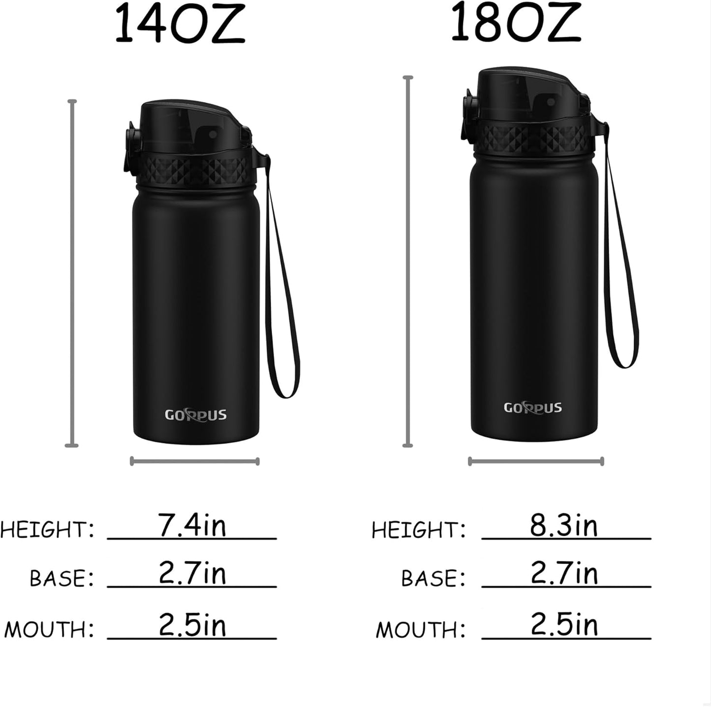 Kids Water Bottle, GOPPUS 14 Oz Stainless Steel Travel Bottle, Double Wall Vacuum Leak Proof Kids Cup for School Boys Girls, Black