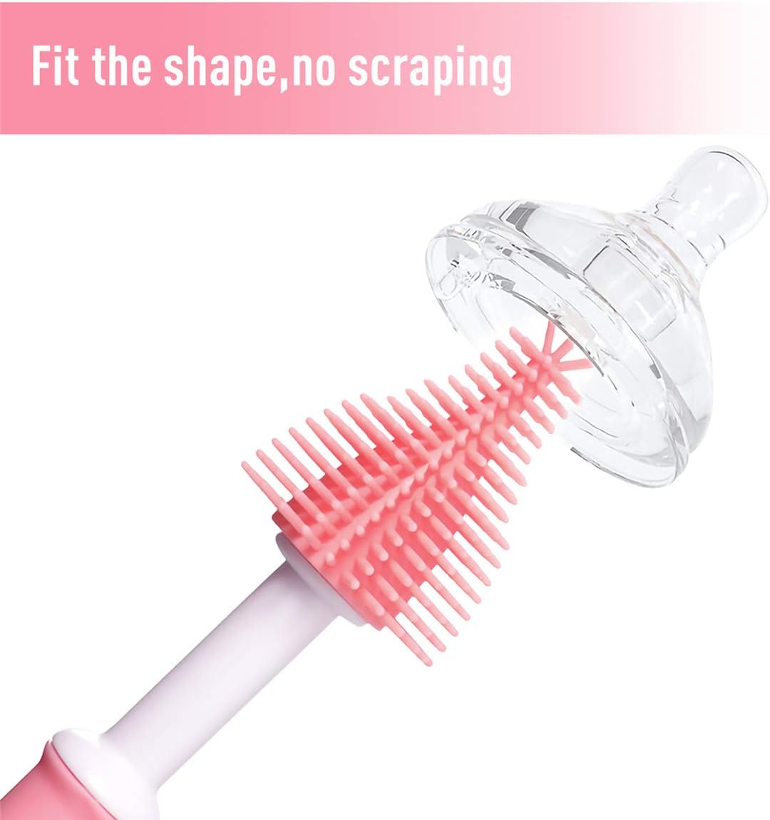 Silicone Baby Bottle Brush Set Cleans Deep Container Nipple or Straw with Rotation Long Handle,3 in 1 Rubber Cleaning Kits Wash Infant Pacifier Teat Nozzle or Breast Pump by Spinning Handhold