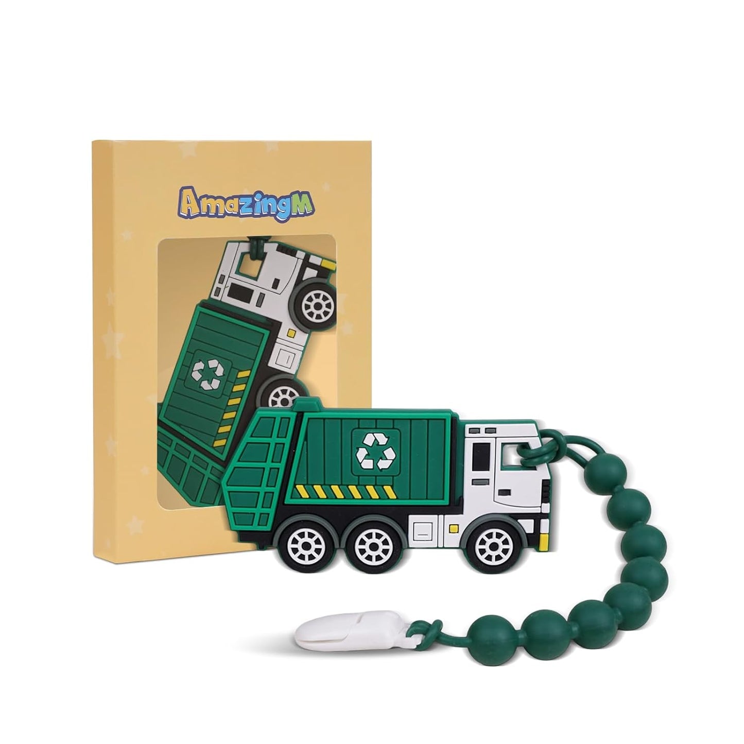 Baby Food Grade Silicone Carrier Vehicle Teether Toy with Pacifier Clip Holder,Teething Toys Gift Set for 3 Months+ Boys and Girls,Freezer Safe,BPA Free.(Garbage Truck)