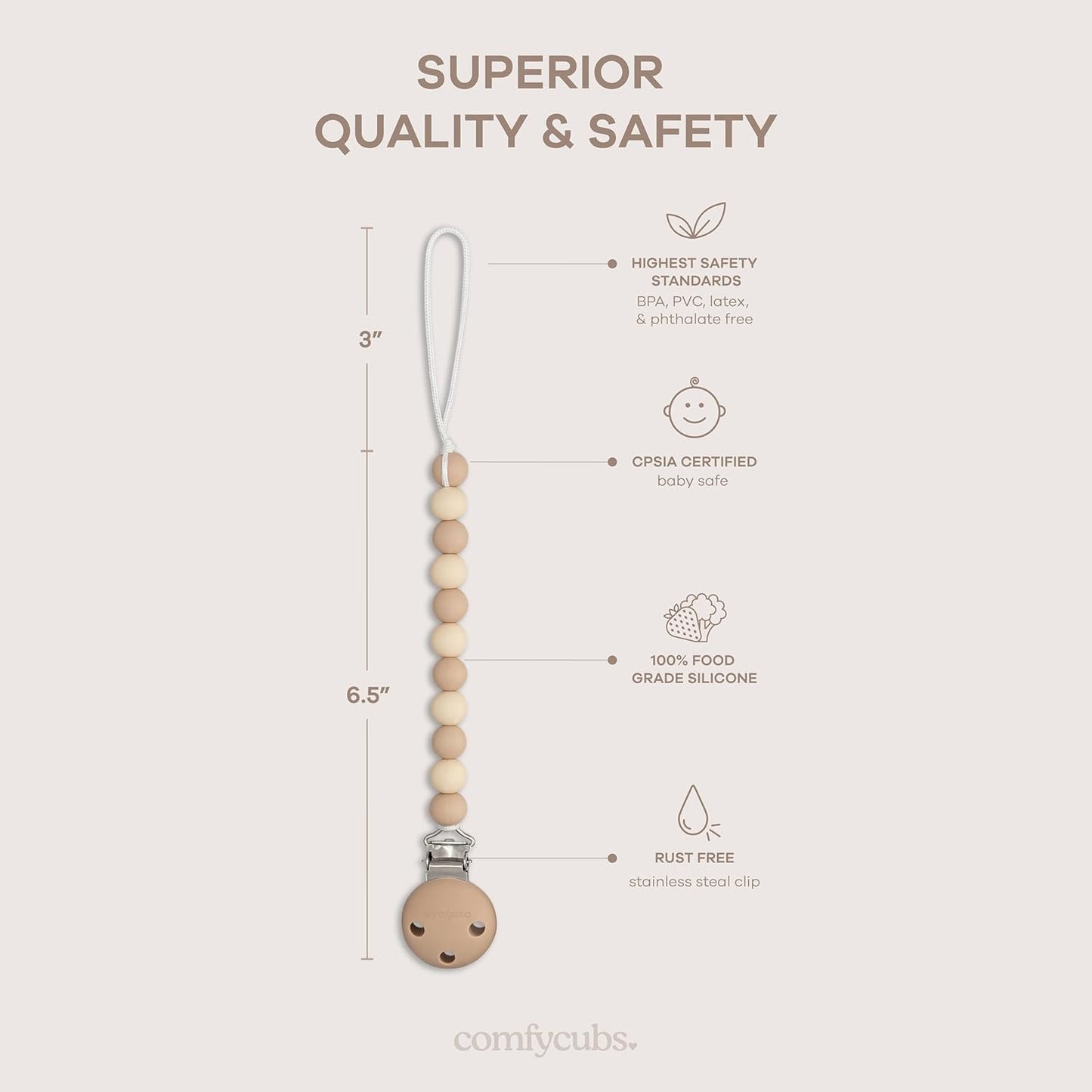 Comfy Cubs Pacifier Clips 2 Pack - 100% Food Grade Silicone Baby Pacifier Clips, BPA & PVC Free - CPSIA Certified, Lightweight and Flexible Baby Gifts - Beige, Light Beige & White