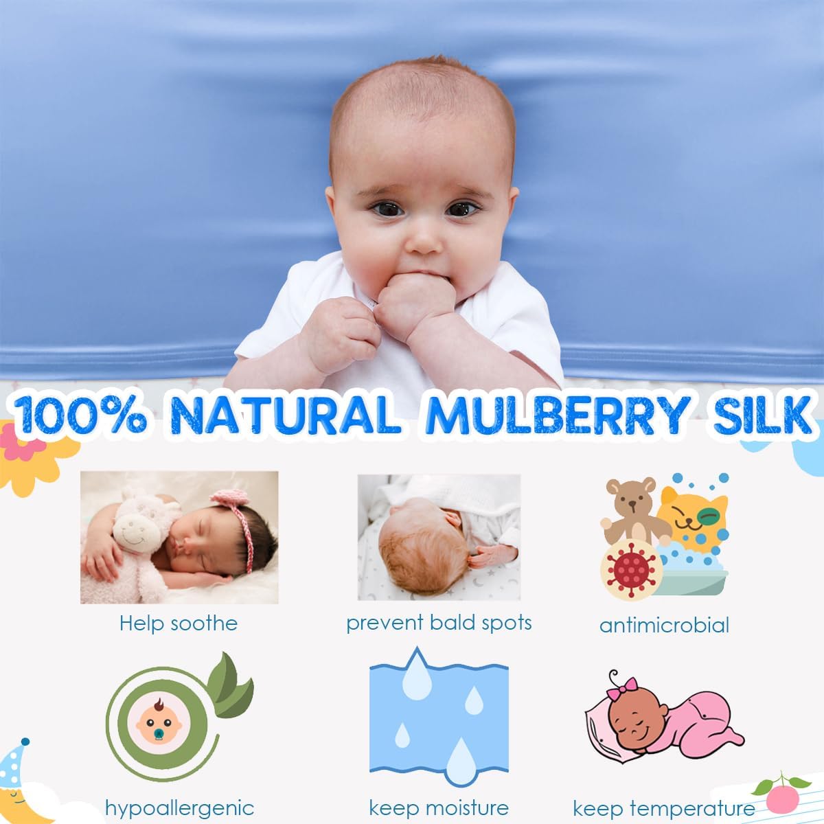 PROMEED 23 Momme Silk Bassinet Sheet for Baby Hair, No More Bed Head and Baby Bald Spots, 100% Mulberry Silk Crib Sheets for Baby Boy/Girl (Blue)