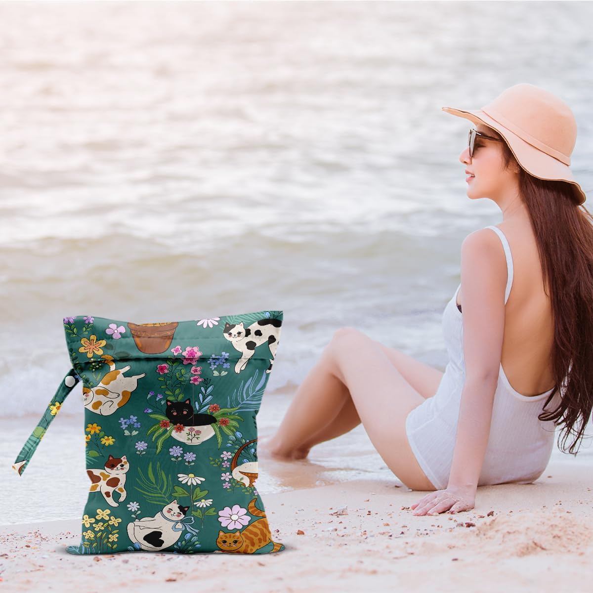 Cat Wet Bags 12x10 Inch, Flowers Waterproof Wet Dry Bags, Colorful Floral Reusable Washable Travel Laundry Bag for Swimsuit Beach Diapers Dirty Yoga Gym Clothes, Cat Gifts for Women Friend Travelers