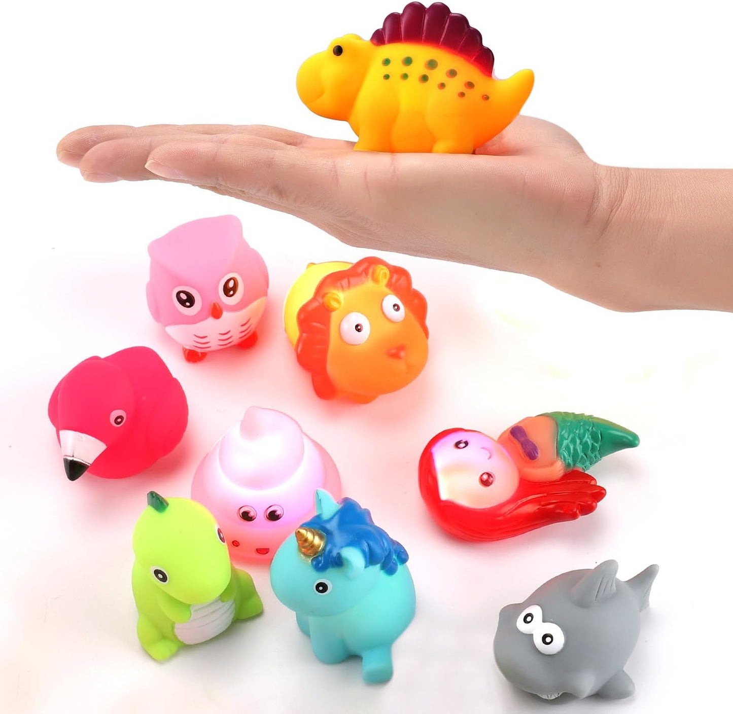 12 PCS Light Up Bath Toys with Duck Mesh Tub Storage Organizer, Toddler Flashing Color Changing LED Bathtub Mermaid Toy in Water for Kids