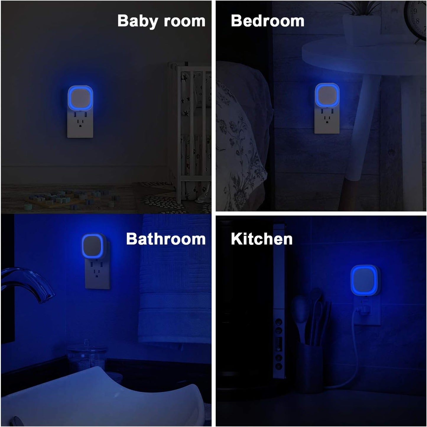 2 Pack Plug in Dimmable Night Light, Blue Nightlight, Auto Dusk to Dawn Sensor, LED Night Light, Soft Glow, Diffused Light for Bathroom, Hallway, Stairs, Kitchen, Bedroom