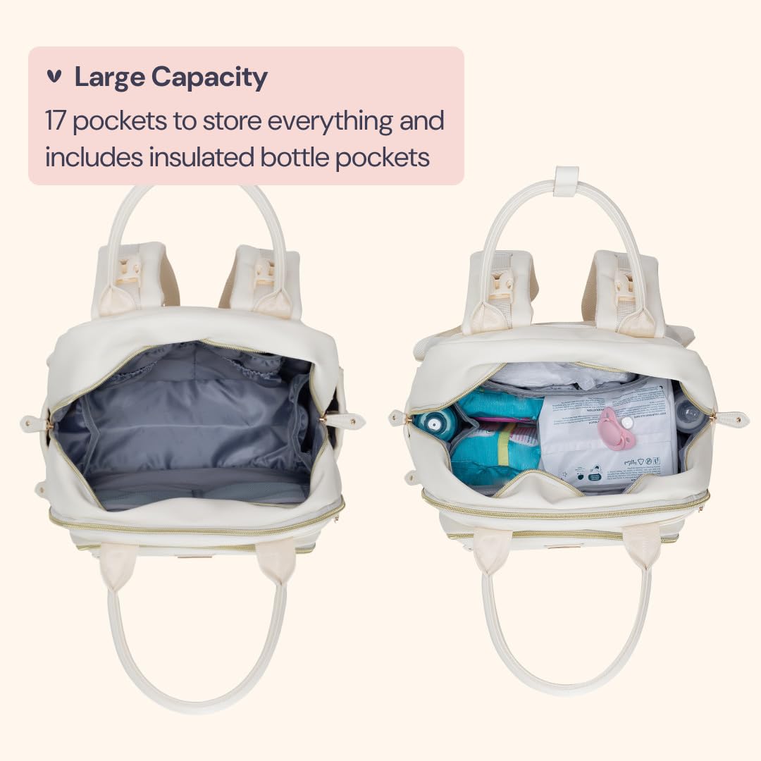 BabbleRoo Leather Diaper Bag Backpack - Baby Essentials Travel Baby Bag, Multi function, Water Resistant, with Changing Pad, Stroller Straps & Pacifier Case – Unisex, Eggshell White