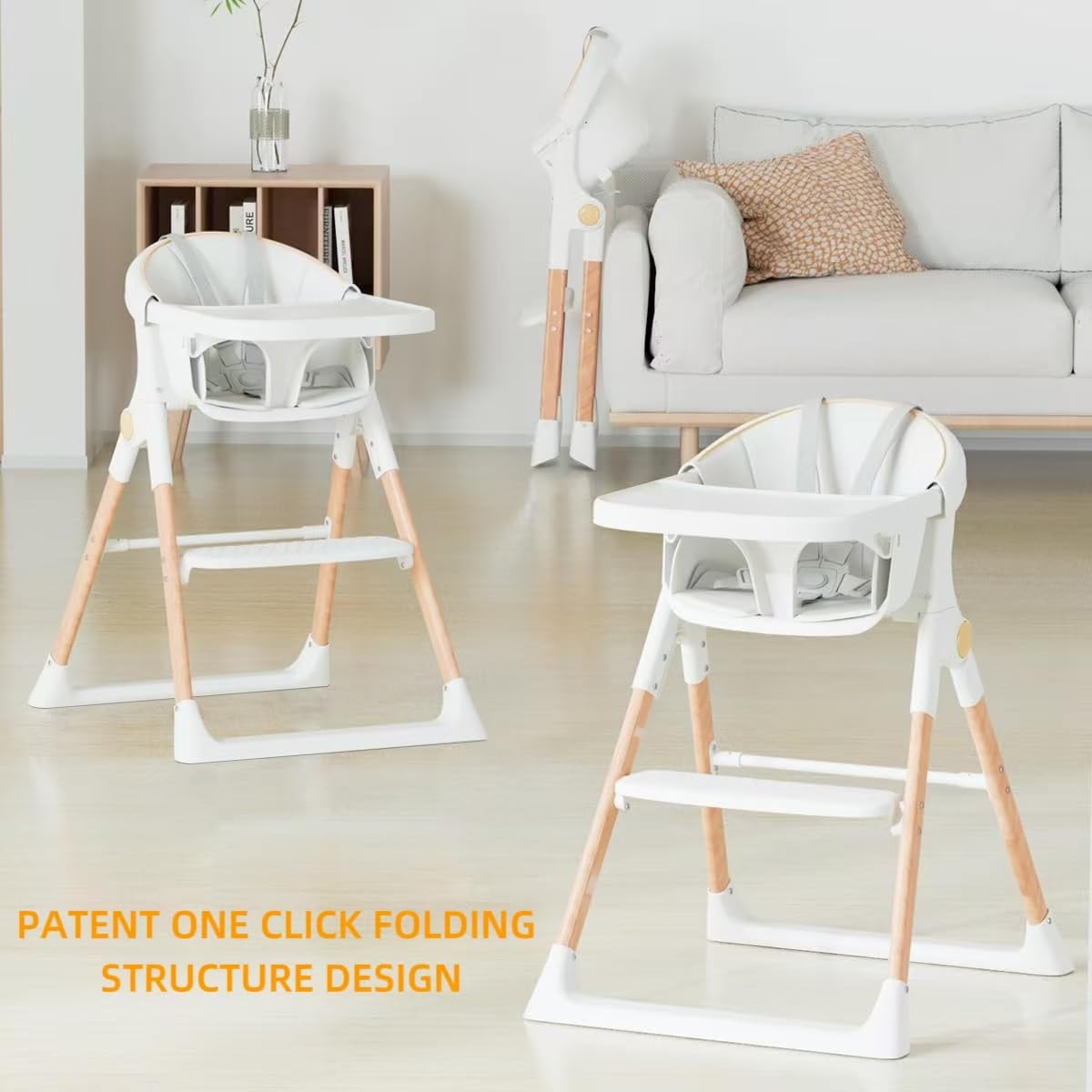 Baby High Chair, High Chairs for Babies and Toddlers, Convertible Folding High Chair with Removable Tray 5 Point Harness Footrest Detachable PU Cushion, Portable Highchair for Baby Toddlers