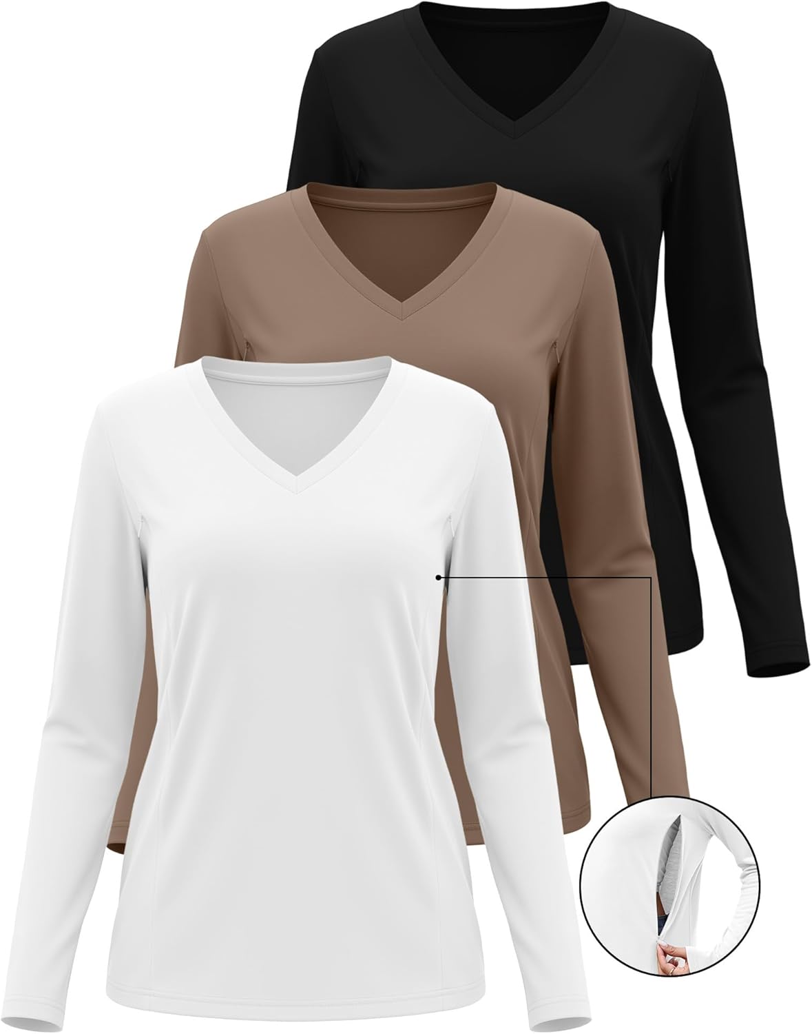 Huukeay 3 Pack Women's Long Sleeve Nursing Tops, Breastfeeding Hidden Zippers Shirts V Neck Maternity Pregnancy Tees Clothes