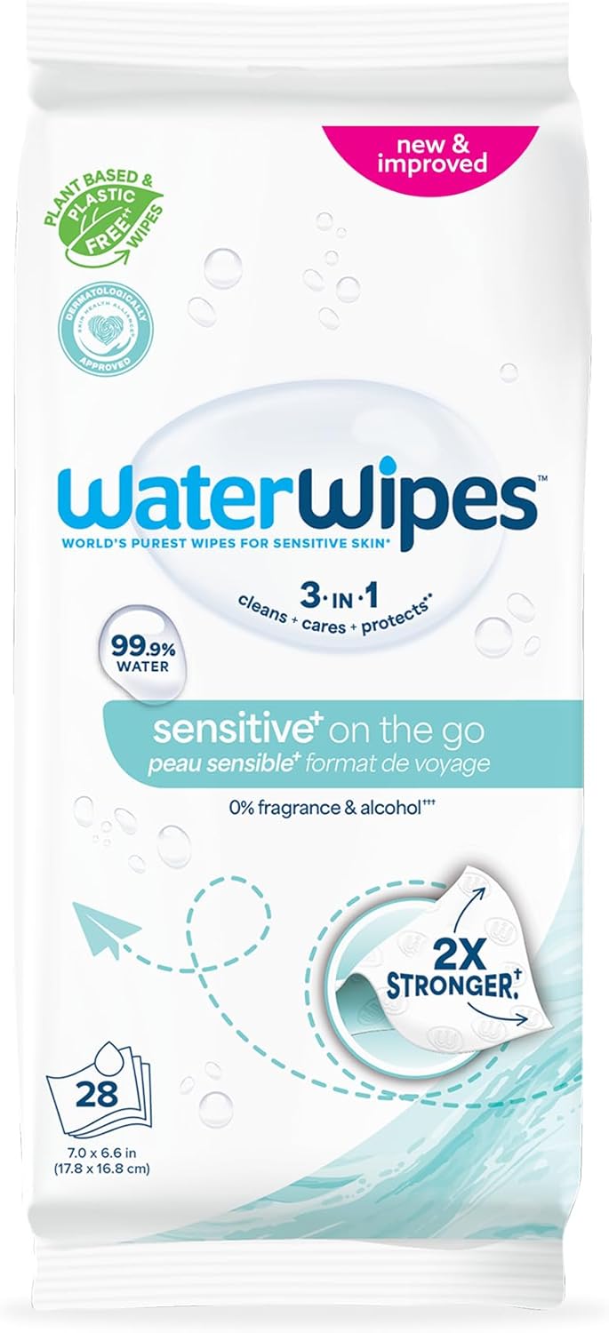 WaterWipes Sensitive+ On The Go Wipes, 3-In-1 Cleans, Cares, Protects, 99.9% Water, Unscented & Hypoallergenic Wet Wipes, 28 Count (Pack of 1)