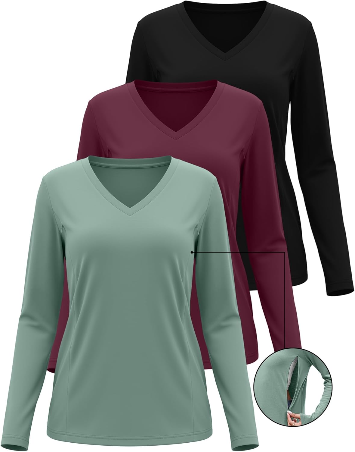 Huukeay 3 Pack Women's Long Sleeve Nursing Tops, Breastfeeding Hidden Zippers Shirts V Neck Maternity Pregnancy Tees Clothes