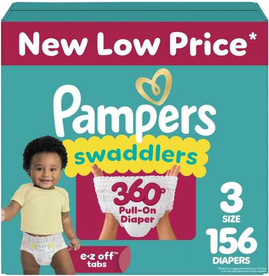Pampers Diapers - Swaddlers 360° - Size 3, 156 Count, up to 100% Leakproof Comfy Dry Fit, Designed for Easy Changes, Pull On Baby Diaper (Packaging May Vary)