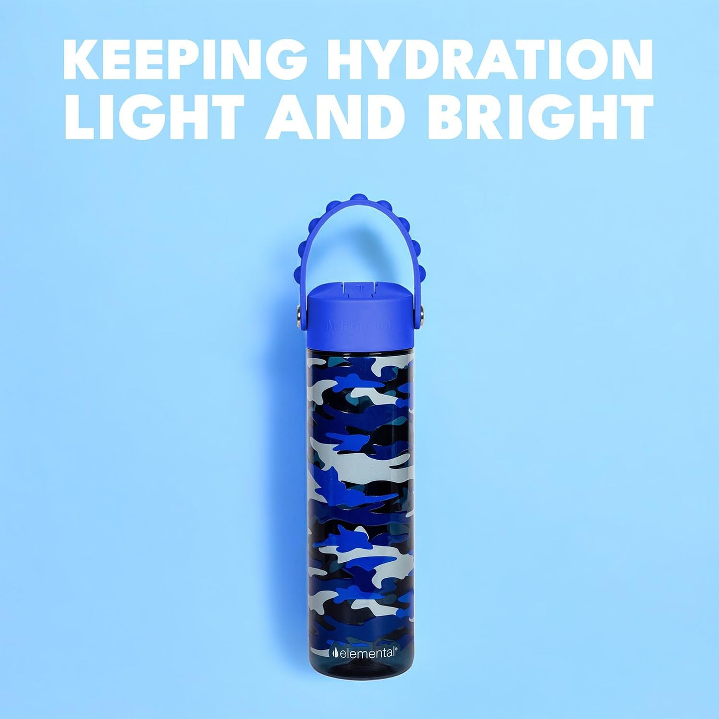 Elemental Splash Water Bottle with Straw - BPA-Free Tritan Plastic Reusable Water Bottle with Pop It Strap - Ideal for Travel, Gym and Sports - Leak Proof when Spout is Closed - 26oz - Blue Camo