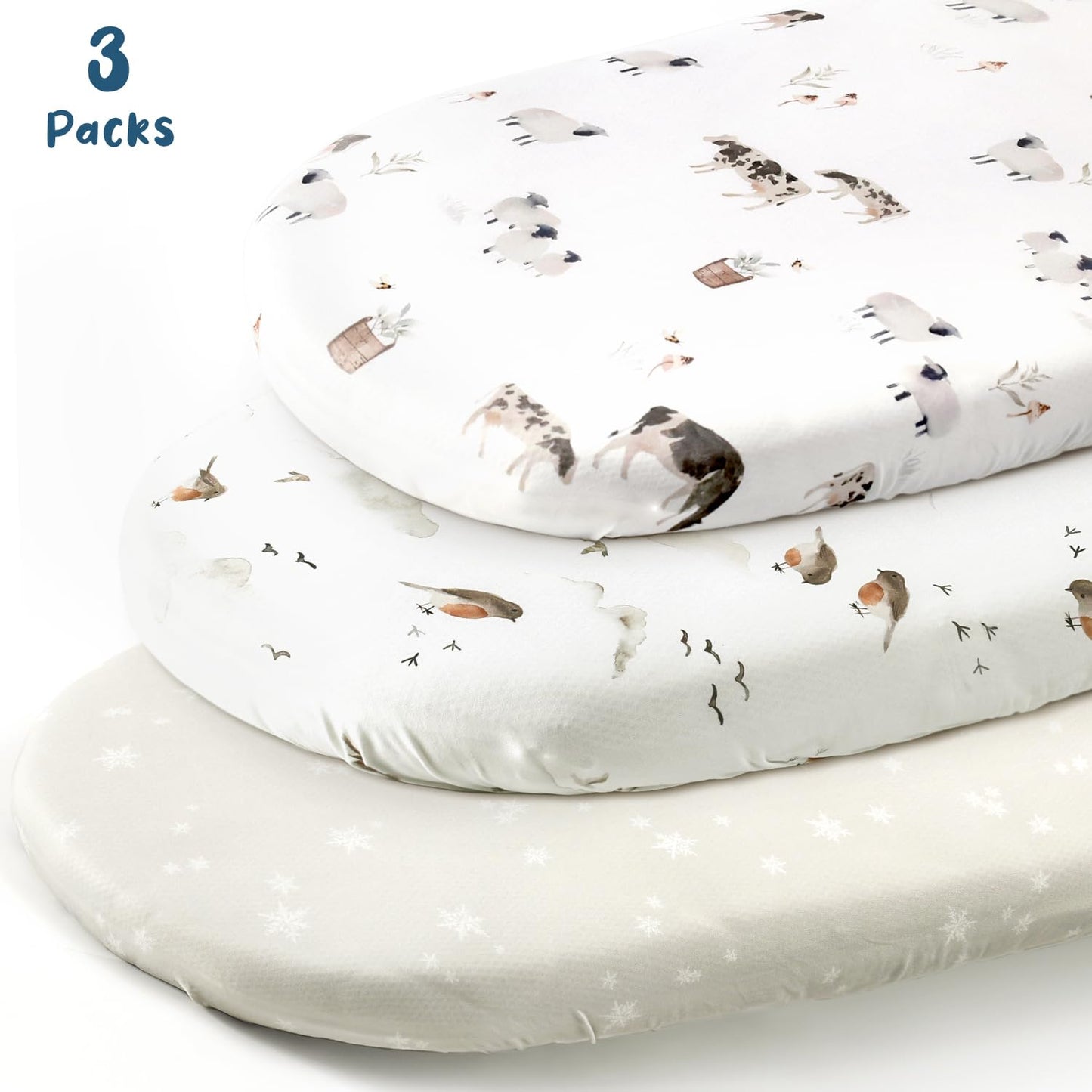Stretchy Ultra Soft Fitted Bassinet Sheet Set 3 Pack, Universal Fit for Bassinets Baby Cradle Moses Basket Oval Rectangle Mattress Safe and Snug, Cute Watercolor Cows and Birds Print
