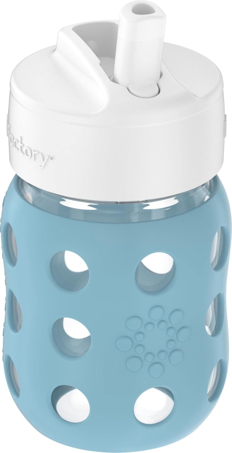 Lifefactory 8-Ounce Wide Neck Glass Baby Bottle with Protective Silicone Sleeve and Pivot Straw Cap, Denim (LG2241WDE4)