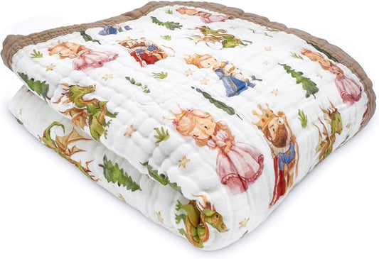 Organic Cotton Muslin Baby Blanket for Boys and Girls - Luxurious Soft Toddler Quilt for Swaddling - Gender Neutral Blanket - Baby and Toddler Gift - Princess Dragon Fairy Tale