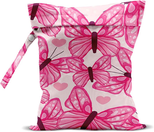 Butterfly Wet Bags 12x10 Inch, Pink Heart Waterproof Wet Dry Bags, Reusable Washable Travel Laundry Bag for Swimsuit Beach Diapers Dirty Yoga Gym Clothes, Butterfly Gifts for Women Friend Travelers