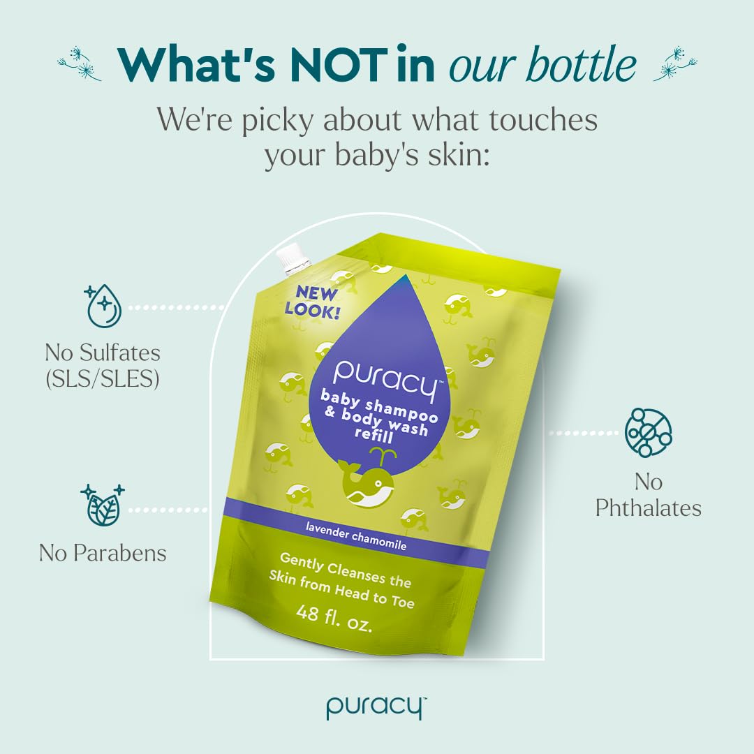 Puracy Shampoo & Body Wash for Children - Perfect Skin, Pure Ingredients - with 12 Fruit & Vegetable Extracts for Silky Smooth Skin, Gentle Lavender Chamomile, 98.8% from Mother Nature 48 fl oz