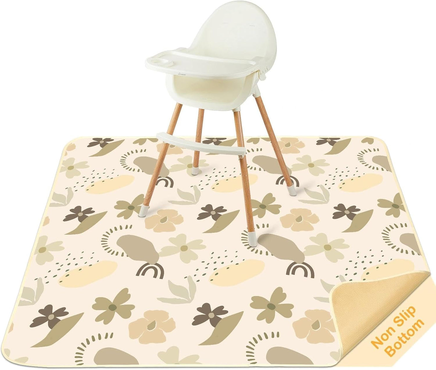 Splat Mat for Under High Chair 42 x 42 Inch Waterproof Baby Splash Mat with Non Slip Bottom Reusable Portable Highchair Mat for Floor Food Catcher for High Chair, Coffee Flowers