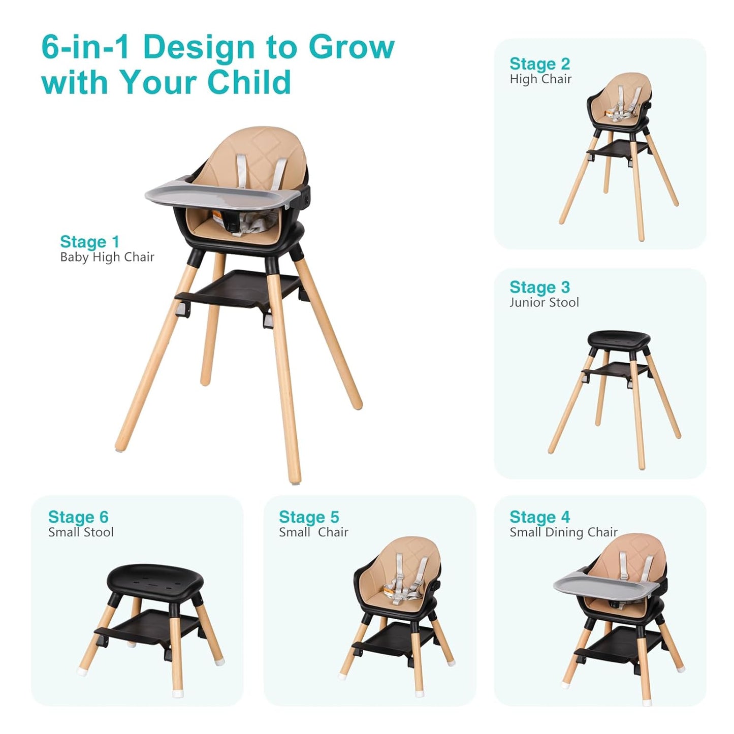 High Chair, 6 in 1 Wooden Convertible High Chairs for Babies and Toddlers, Booster Seat with Double Tray & Reversible Footrest Baby Highchair, 5-Point Harness Baby Feeding Chair, Black