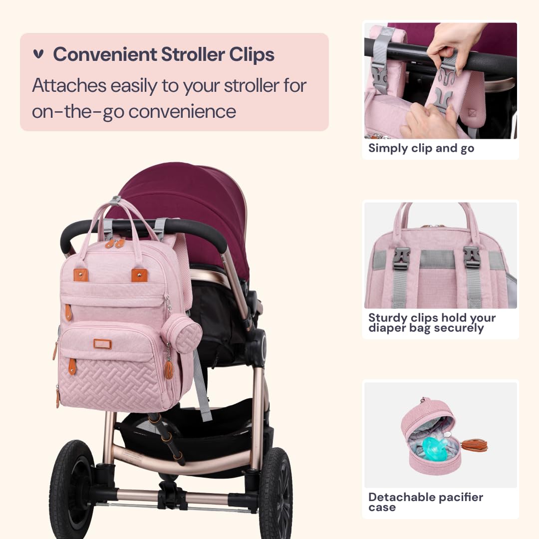 BabbleRoo Diaper Bag Backpack - Baby Essentials Travel Tote - Multi function Water Resistant Diaper Bag, Travel Essentials Baby Bag with Changing Pad, Stroller Straps & Pacifier Case - Unisex, Pink