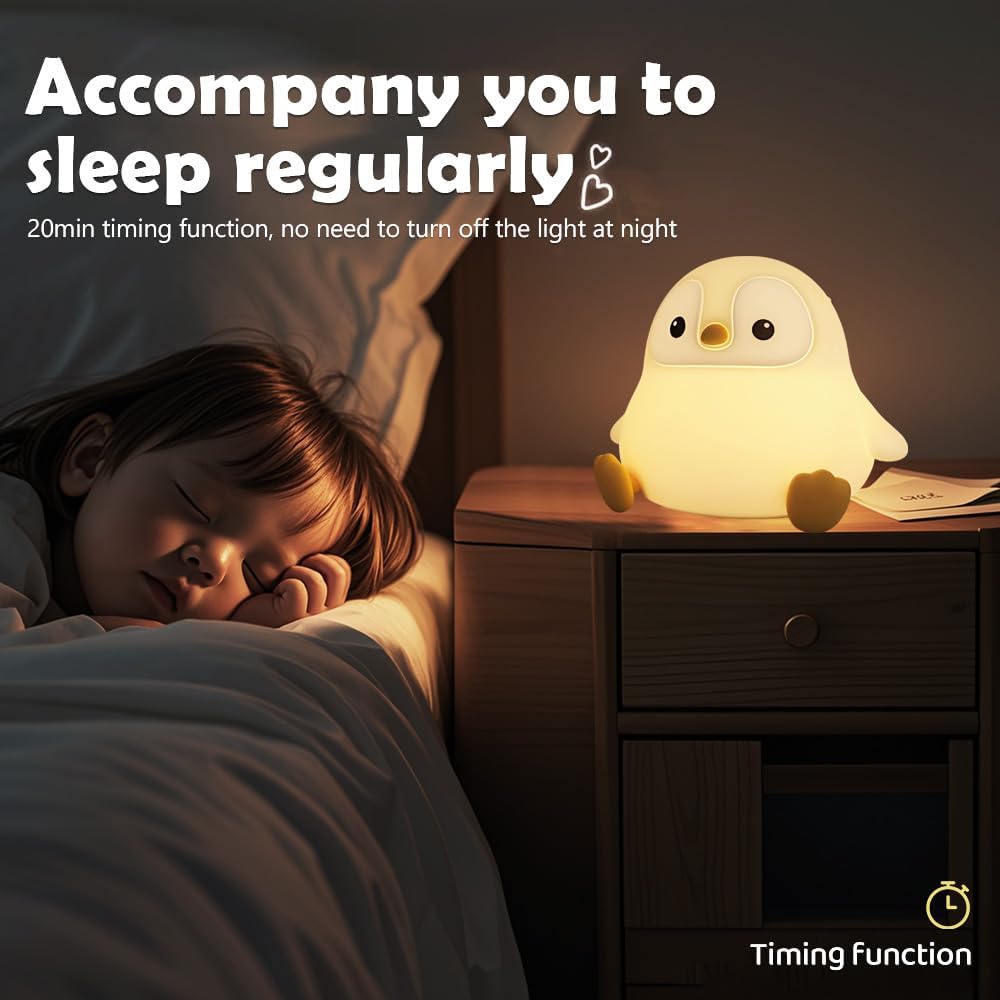 Novelty Cartoon Penguin Silicone Night Light Rechargeable Timing Dimming Nursery Sleep Night Lamp for Baby Room Decor