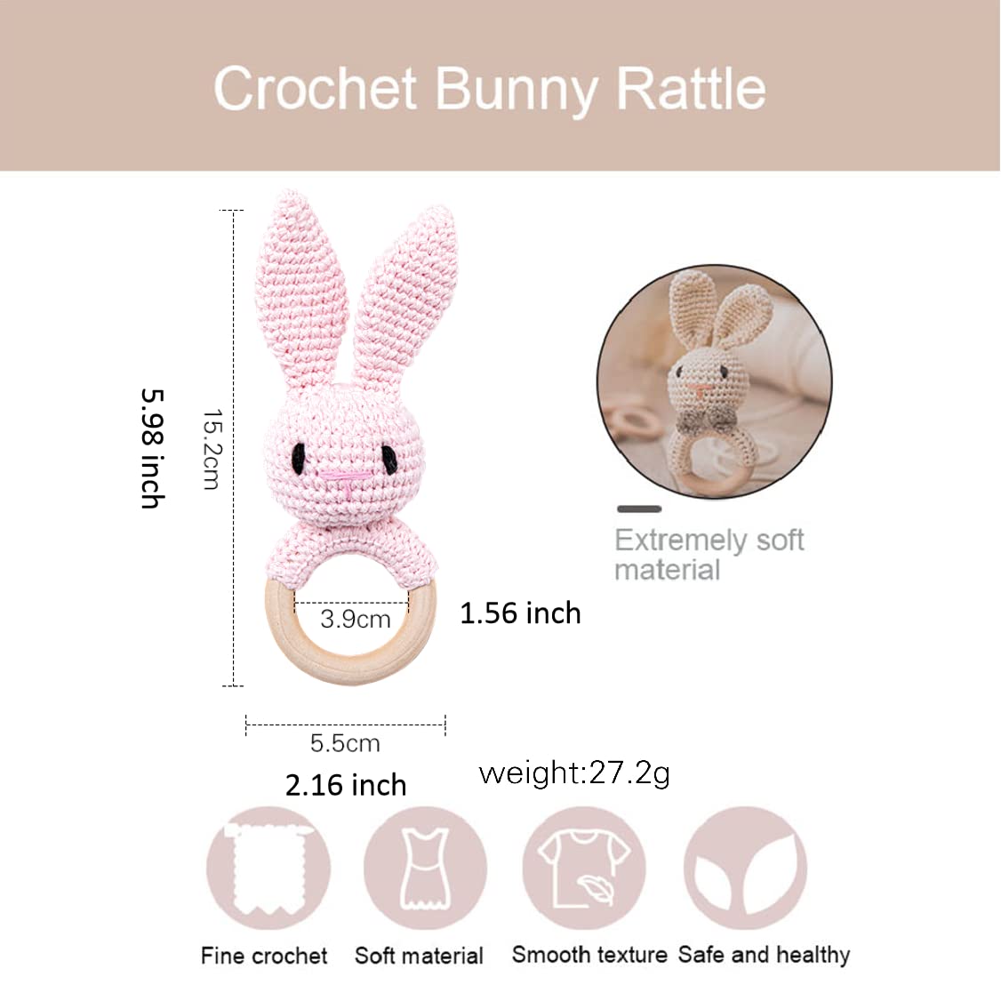 WOODEN TEETHER Crochet Baby Rattle, Crochet Baby Toys, Easter Bunny Rattle, Newborn Animal Rattle Toys，Knitted Stuffed Animals Gifts for Baby, Pink Bunny