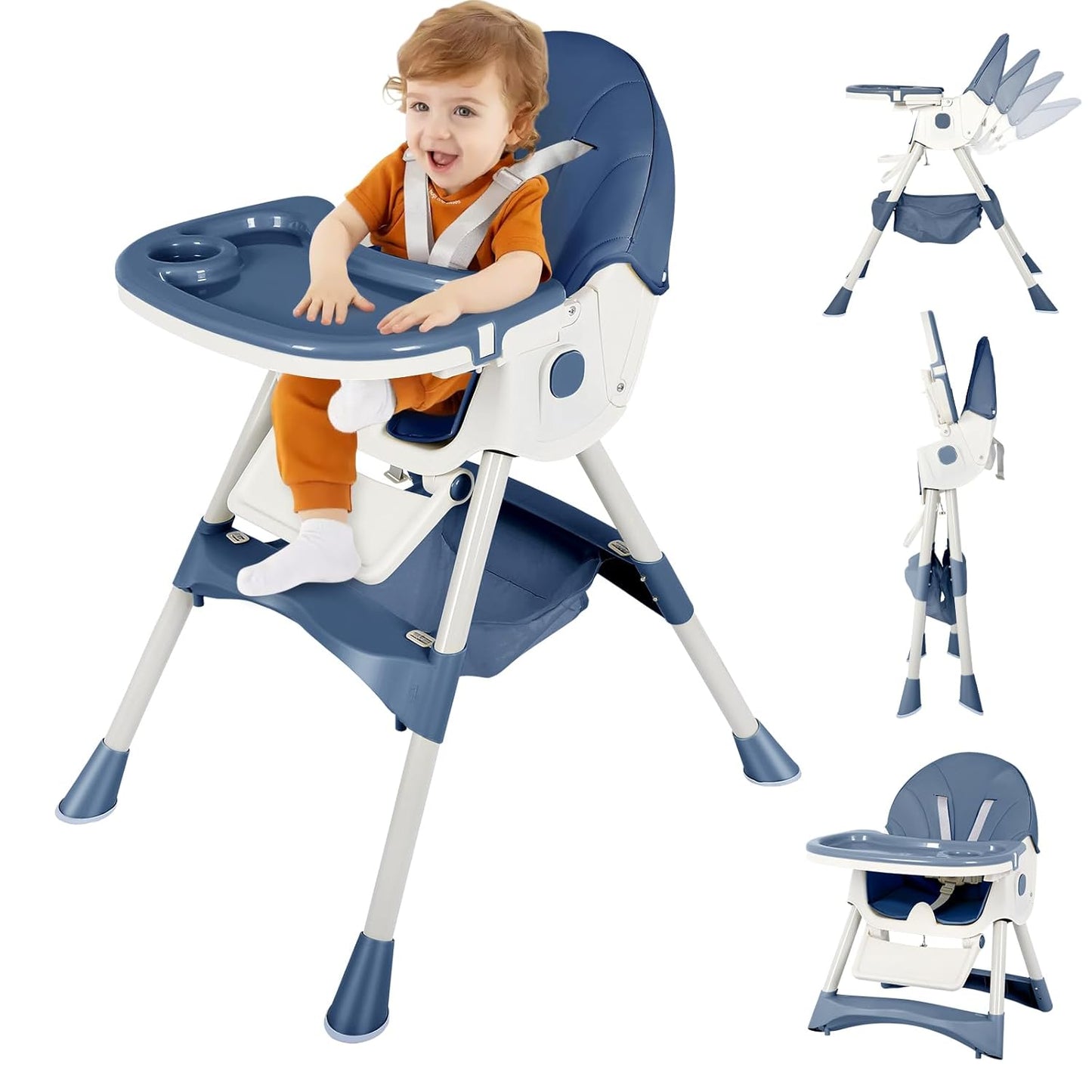 6-in-1 Foldable Baby High Chair for Babies & Toddlers – Adjustable Height & Recline, 5-Point Safety Harness, Removable Tray | Portable Highchair, Space-Saving & Easy Clean | Silla de Comer para Bebé