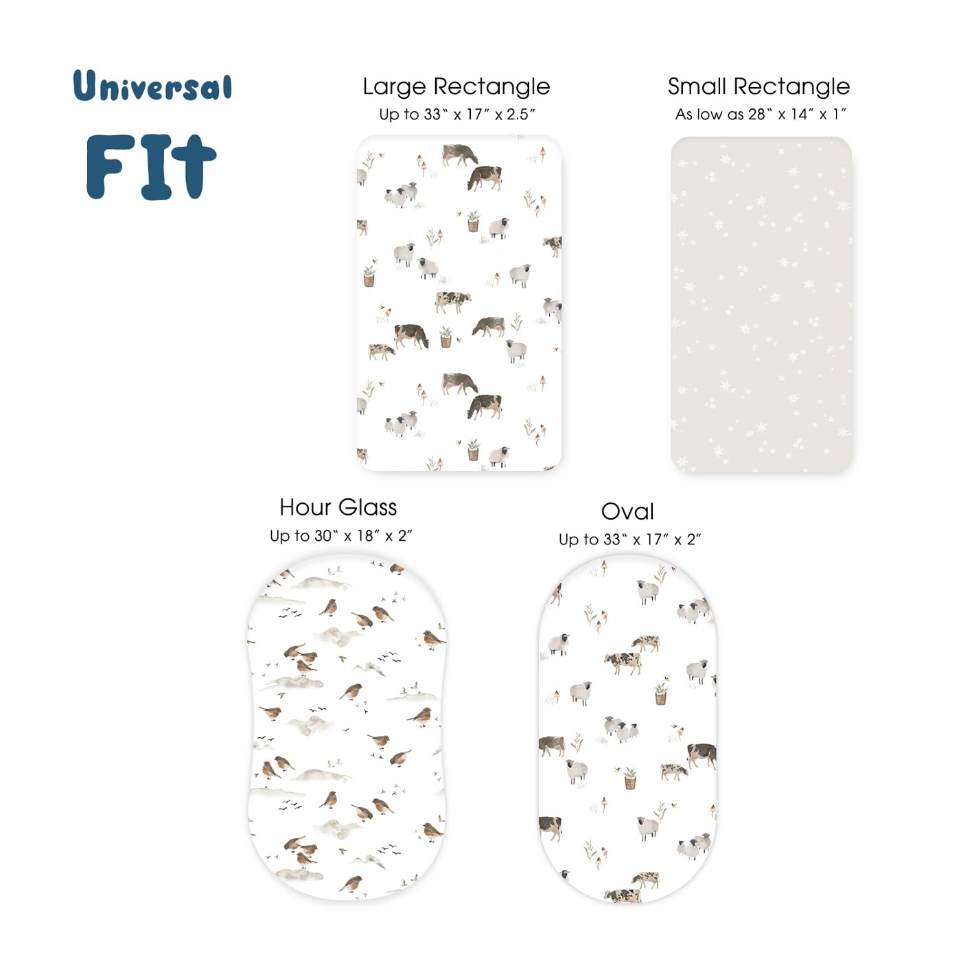 Stretchy Ultra Soft Fitted Bassinet Sheet Set 3 Pack, Universal Fit for Bassinets Baby Cradle Moses Basket Oval Rectangle Mattress Safe and Snug, Cute Watercolor Cows and Birds Print